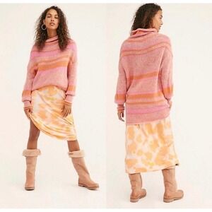 Free People‎ XS Oversized Alpaca Wool Blend Sweater Tunic Coral PinkB Boho Cozy